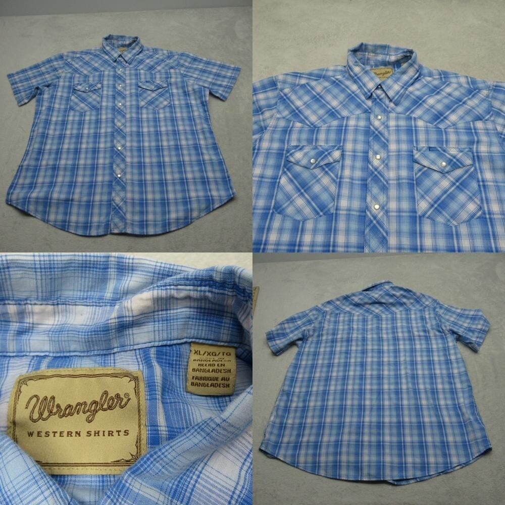 Wrangler Pearl Snap Shirt Men XL Blue Plaid Pockets Short Sleeve Western Cowboy